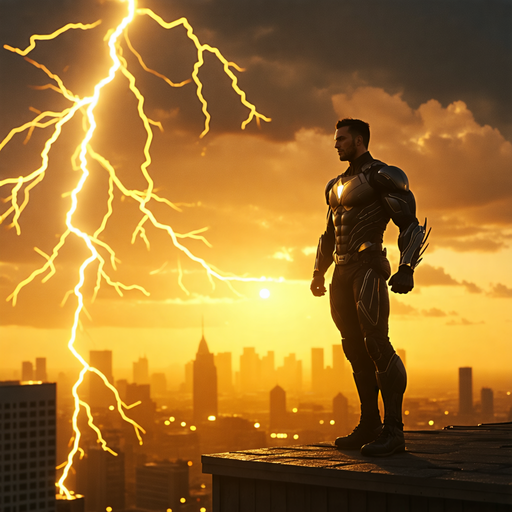 Superhero Silhouette Dominates Sunset Skyline as Lightning Strikes