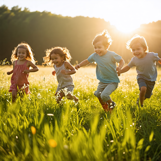 Golden Hour Joy: Children Running Through a Field of Dreams