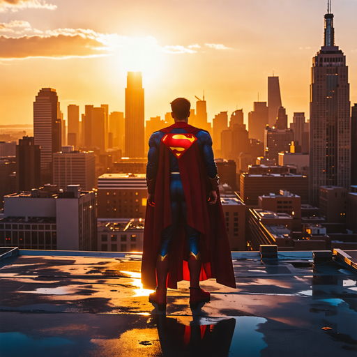 Superman Silhouetted Against a Sunset Cityscape