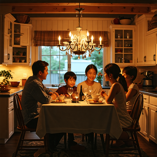 Cozy Family Dinner Under a Chandelier