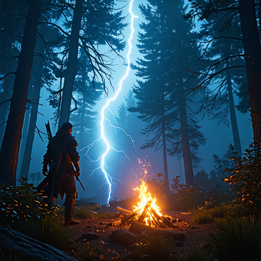 Lightning Strikes a Lone Figure in a Dark Forest