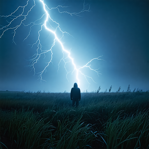 Silhouetted Figure Under a Dramatic Lightning Strike