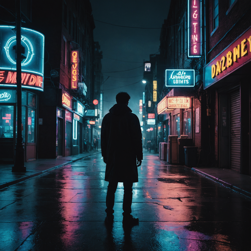 Lost in the Neon Glow: A Lonely Figure in the Urban Night