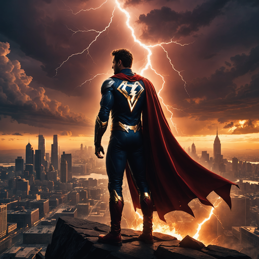 Superhero Stands Ready Amidst Dramatic Sunset and Lightning