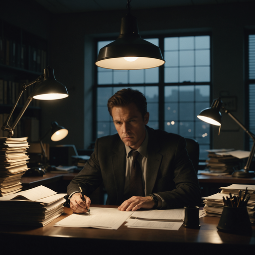 The Weight of Decisions: A Man’s Focused Determination in a Dimly Lit Office