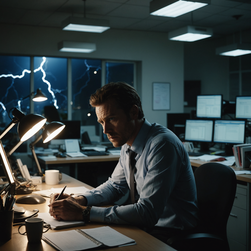 Stormy Night in the Office: A Man Works Amidst the Chaos