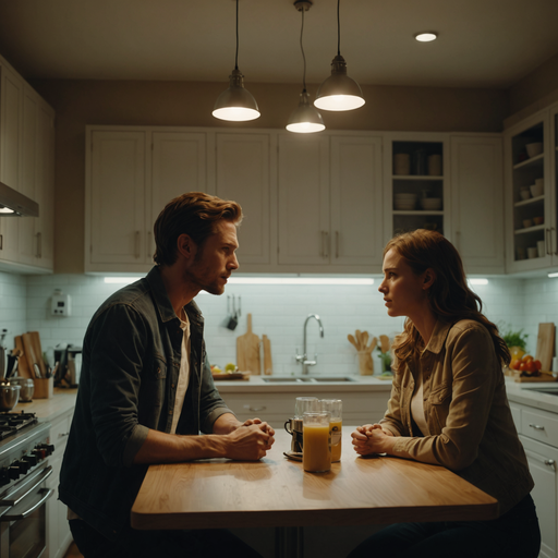 A Tense Encounter in the Dimly Lit Kitchen