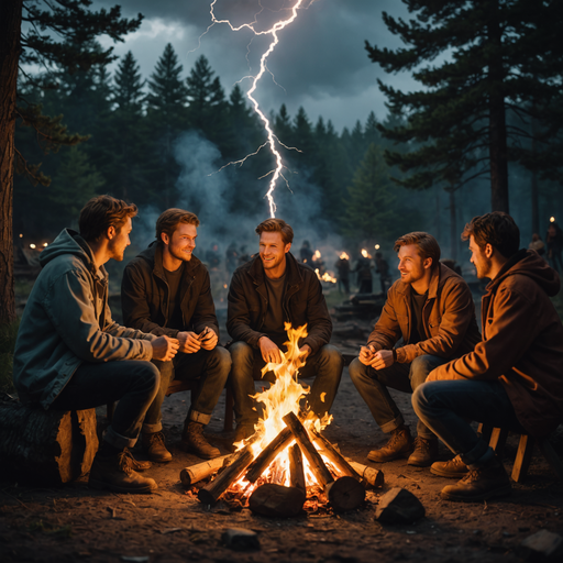 Lightning Strikes as Young Men Gather Around Campfire