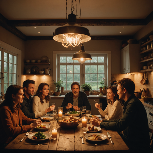 Cozy Gathering: Friends Share a Meal Under Warm Lighting