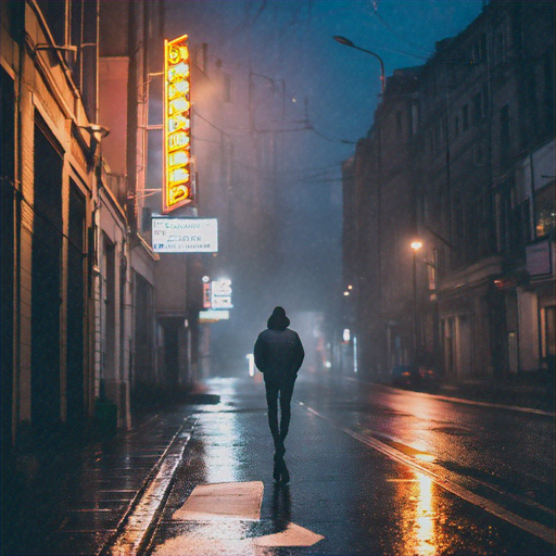 Lost in the Neon Glow: A Figure Walks the Lonely City Streets