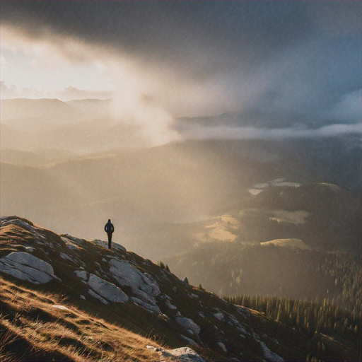 Solitude and Majesty: A Figure Stands Tall Against the Misty Landscape