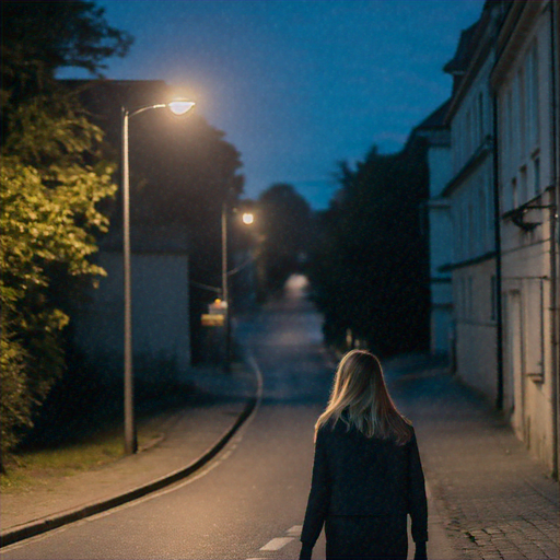 Lost in the Shadows: A Woman’s Solitary Walk Under a Single Streetlight