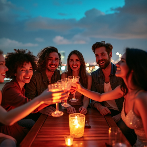 Rooftop Revelry: Friends Toast to Good Times Under the Dusk Sky