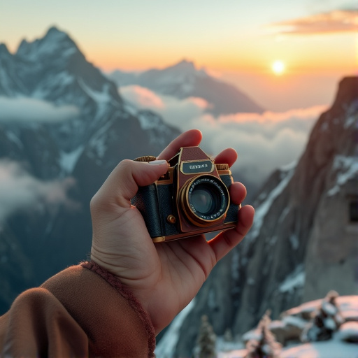 Capturing the Golden Hour: A Vintage Camera and Mountain Majesty