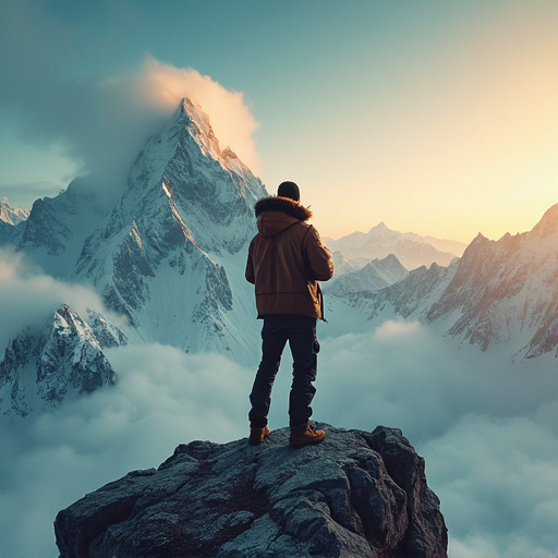 Contemplating the Majesty: A Lone Figure on a Snowy Peak