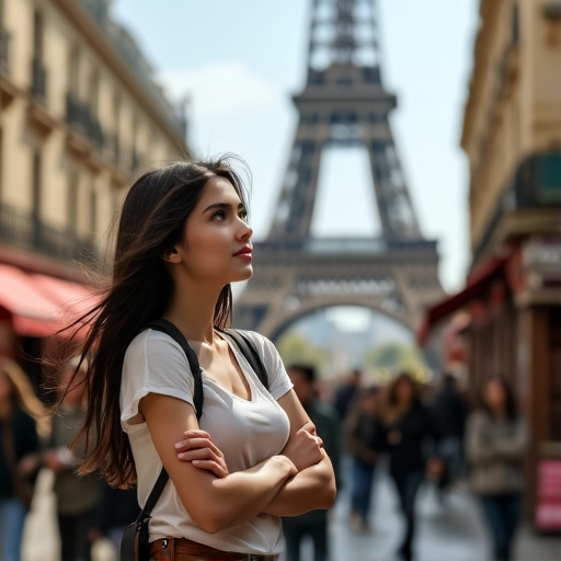 A Moment of Wonder: Young Woman Marvels at the Eiffel Tower