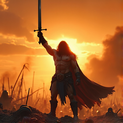 Silhouetted Hero: A Warrior’s Triumph at Sunset