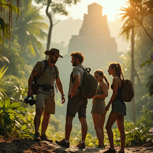 Golden Hour Adventure: Friends Explore Ancient Temple in the Jungle