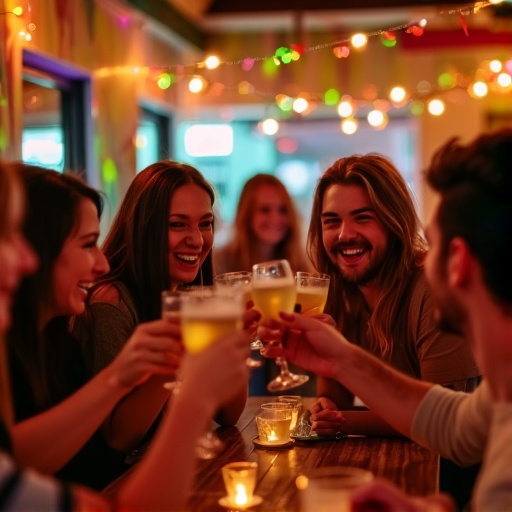 Cheers to Friendship: A Toast in the Warm Glow of a Dimly Lit Bar