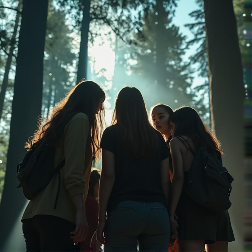 Silhouettes of Youth in Sun-Dappled Forest