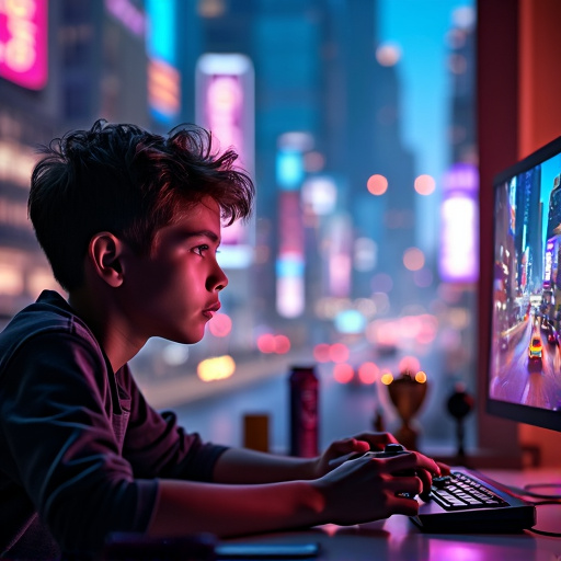 Lost in the Glow: A Gamer’s Focus Under City Lights