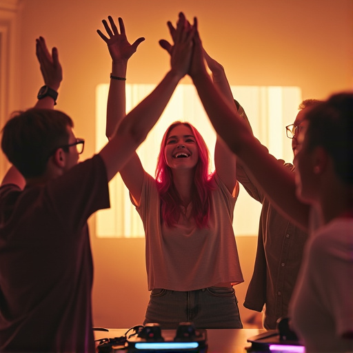 Victory Celebration: Friends High-Five in Dimly Lit Room