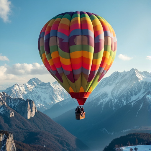 Soaring High: A Colorful Balloon Over Majestic Peaks