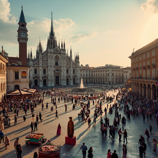 A Bustling European Square Under a Sunny Sky