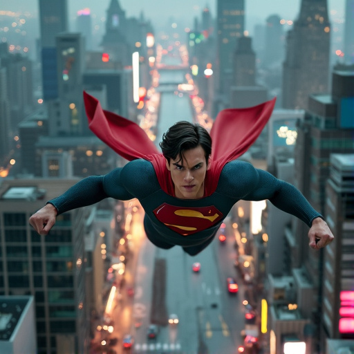 Superman Soars Above the City at Dusk