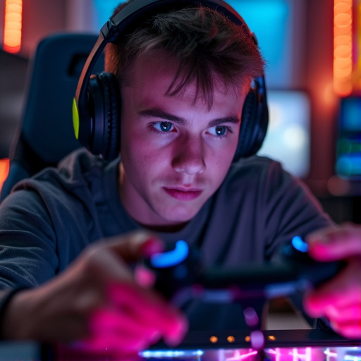 Neon Glow, Focused Flow: Gamer Immersed in the Digital World