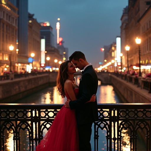 A Romantic Embrace on the Illuminated Bridge