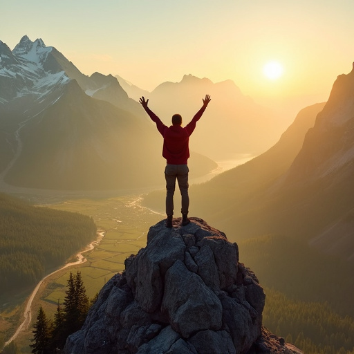 Conquering the Summit: A Moment of Triumph at Sunrise