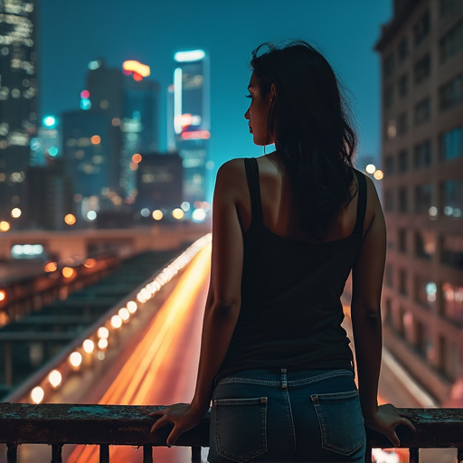 Silhouette of Solitude: A Woman Contemplates the City Lights