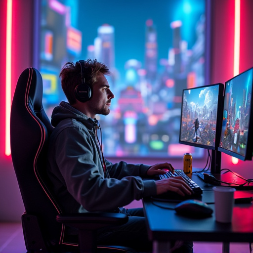 Immersed in the Game: A Gamer’s Focus Under Neon Lights