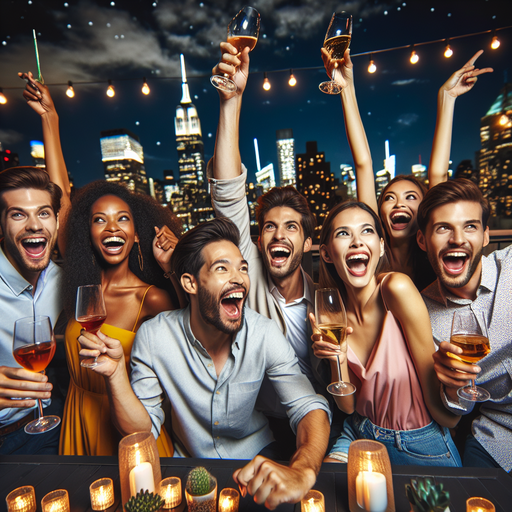 Rooftop Revelry: Friends Celebrate with City Lights as Their Backdrop