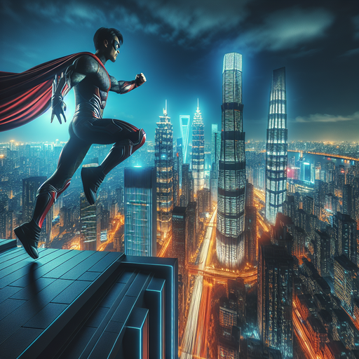 Superhero Soars Through Neon Cityscape