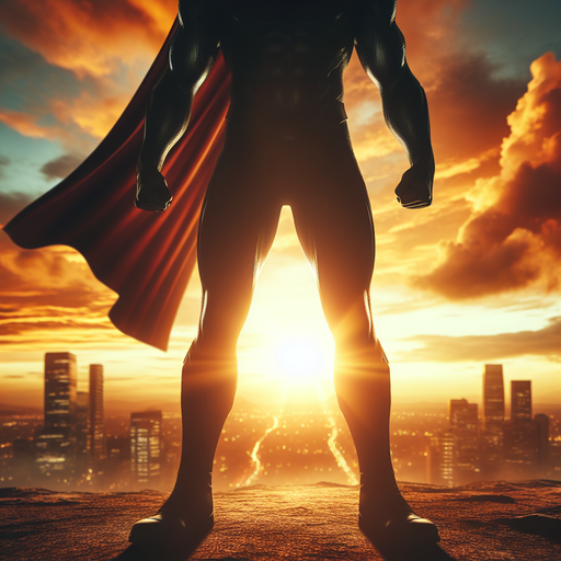 Silhouette of Hope: Superhero Stands Tall Against the Sunset