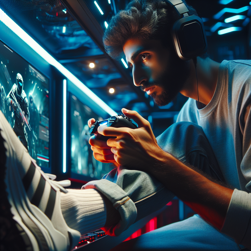 Lost in the Game: A Gamer’s Intense Focus Under Neon Lights