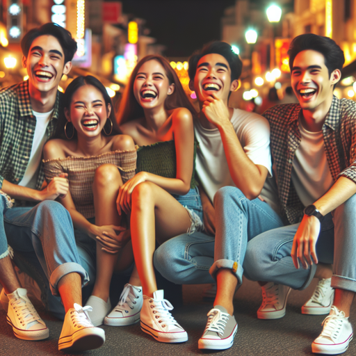 Urban Night Laughter: Friends Embrace the Joy