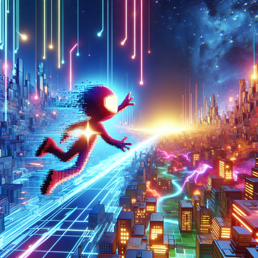 Pixelated Astronaut Blazes Through Neon Cityscape