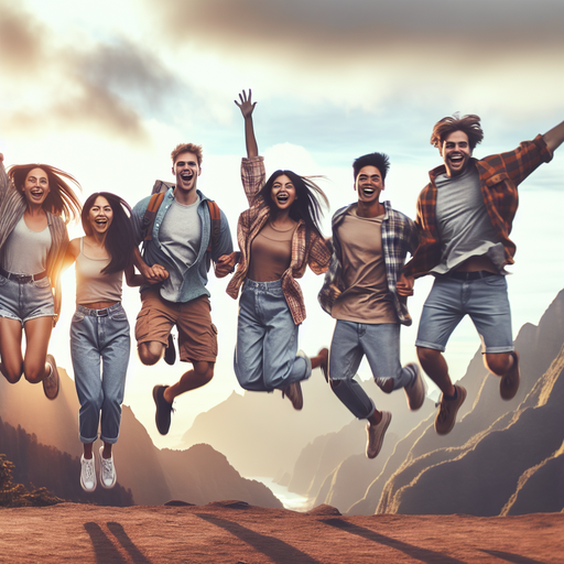 Friends Leap into Adventure with a Sunset Mountain Backdrop