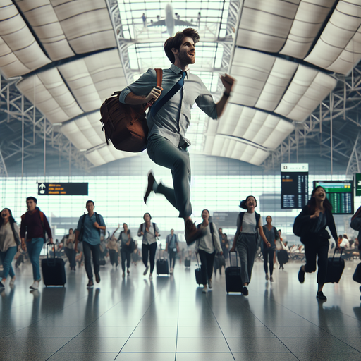 Taking Flight: Man’s Leap of Freedom in a Bustling Airport