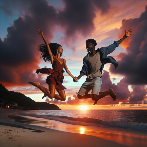 Sunset Silhouette: A Couple’s Joyful Leap