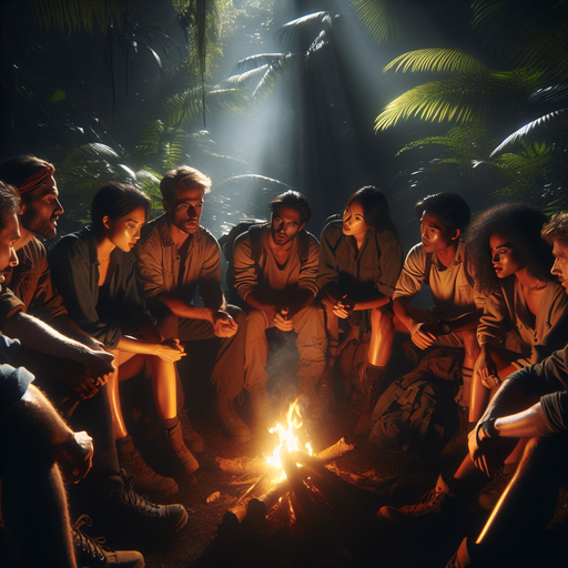 Mysterious Encampment: Shadows Dance in the Jungle Firelight