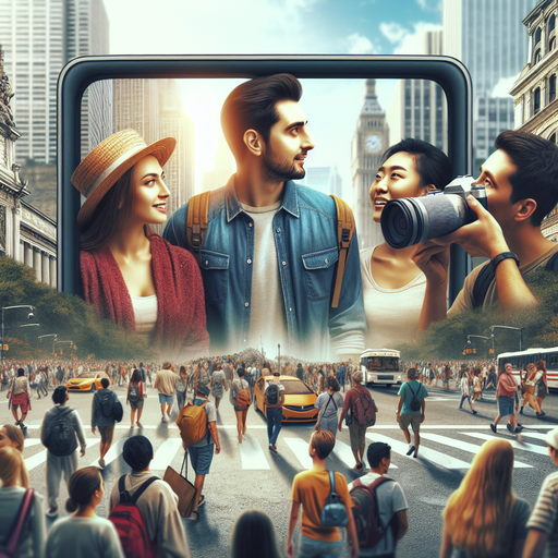 Lost in the City: Tourists Pose Amidst a Digital Crowd