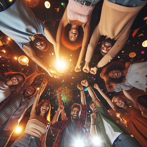 Friends Celebrate with Confetti and Raised Fists