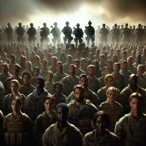 Soldiers Stand in Somber Formation, Silhouetted Against a Distant Conflict