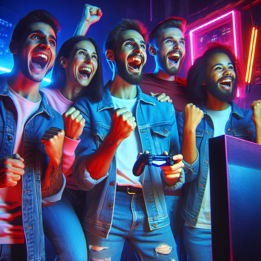 Neon Nights: Friends Celebrate a Video Game Victory