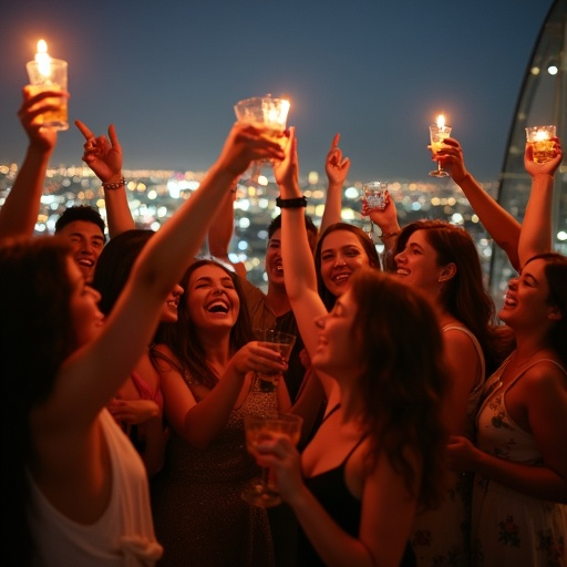 Rooftop Revelry: Friends Celebrate with City Lights as Backdrop