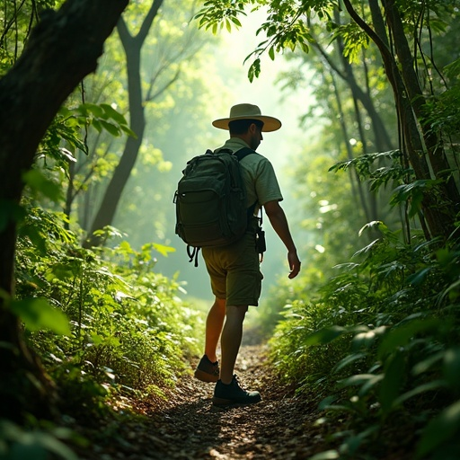 Lost in the Dappled Light: A Solitary Figure Explores the Forest Path